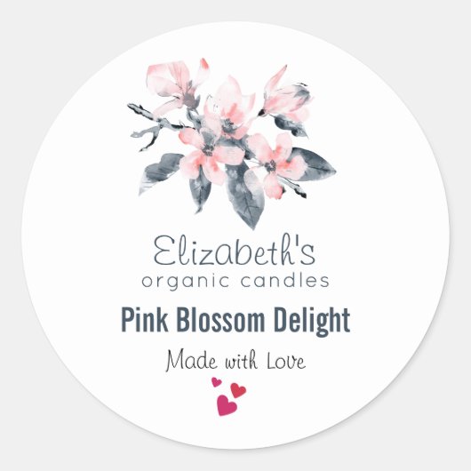 Roze & Grijs Waterverf Bloemen Kaars Zeep Biz Ronde Sticker (Voorkant)
