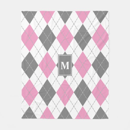 Roze grijs wit argyle plaid monogrammed fleece deken (Voorkant)