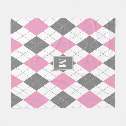 Roze grijs wit argyle plaid monogrammed fleece deken (Voorkant (Horizontaal))