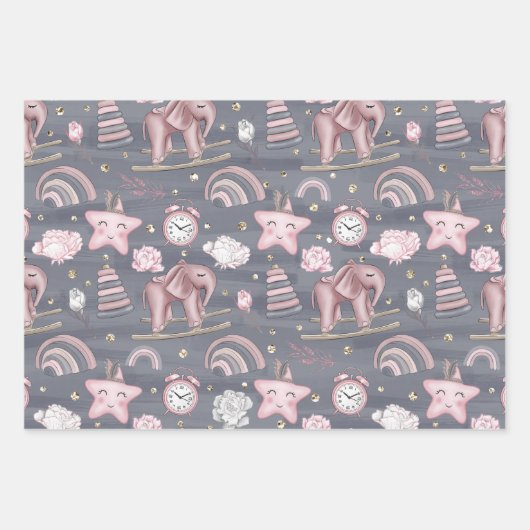 ROZE GRIJS WIT BABY MEISJE ITEMS & BLOEMEN INPAKPAPIER VEL (Voorkant 2)