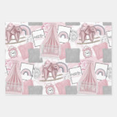 ROZE GRIJS WIT BABY MEISJE ITEMS & BLOEMEN INPAKPAPIER VEL (Voorkant)