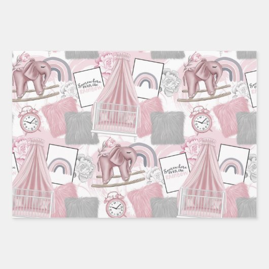 ROZE GRIJS WIT BABY MEISJE ITEMS & BLOEMEN INPAKPAPIER VEL (Voorkant)