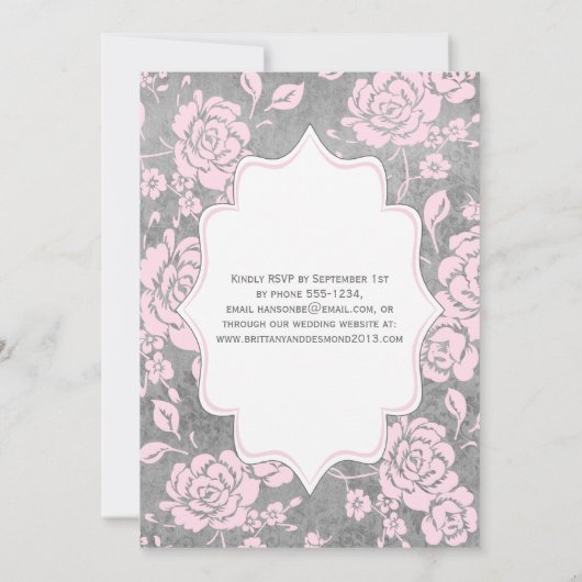 Roze Grijs Wit Bloemen Damast Bruiloft Uitnodiging (Achterkant)