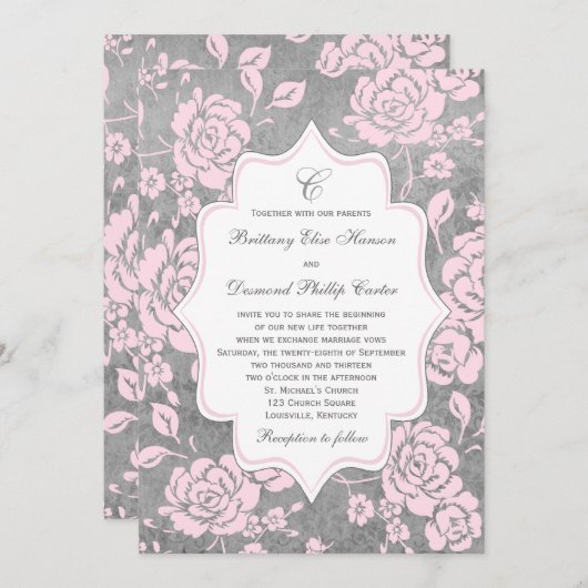 Roze Grijs Wit Bloemen Damast Bruiloft Uitnodiging (Voorkant / Achterkant)