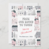 Roze Grijs Wit  Huizen Kerst Kaart (Voorkant)