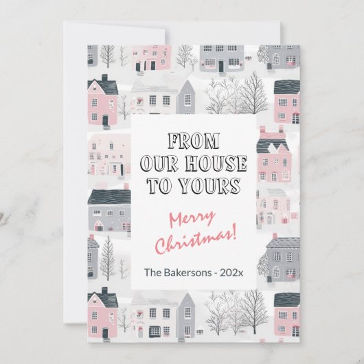 Roze Grijs Wit Huizen Kerst Kaart (Voorkant)