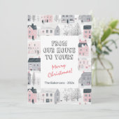 Roze Grijs Wit Huizen Kerst Kaart (Staand voorkant)