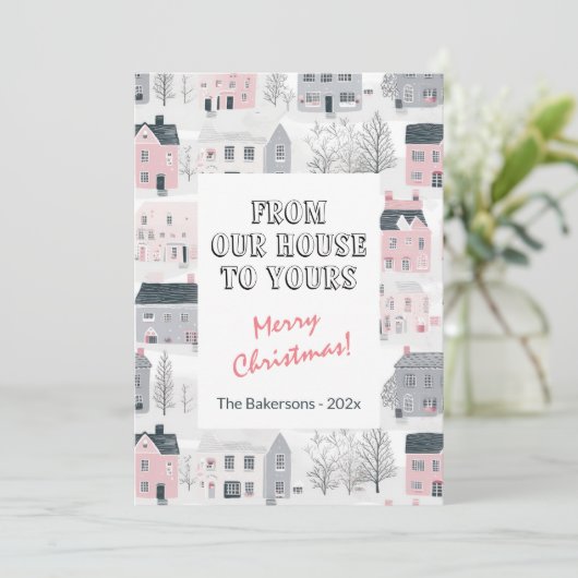 Roze Grijs Wit  Huizen Kerst Kaart (Staand voorkant)