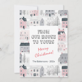 Roze Grijs Wit Huizen Kerst Kaart