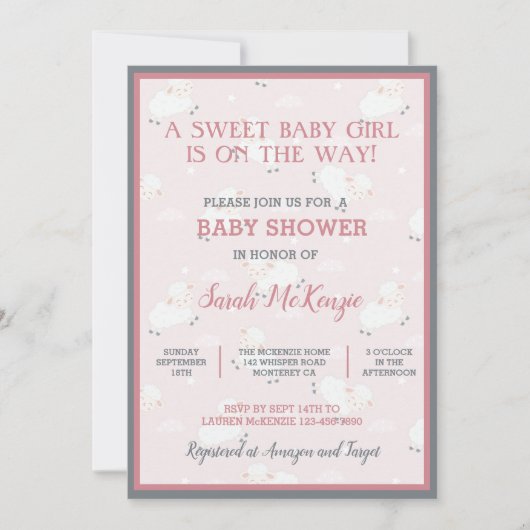 Roze Grijs Witte Baby Lammetjes Springen Baby Show Kaart (Voorkant)