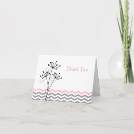 Roze, Grijs, Witte Bloemen, Chevron Bedankkaart
