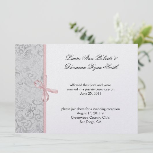 Roze Grijs Witte Damast Huwelijksfeest na de bruil Kaart (Staand voorkant)