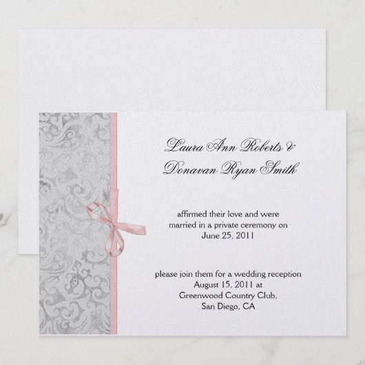 Roze Grijs Witte Damast Huwelijksfeest na de bruil Kaart (Voorkant / Achterkant)