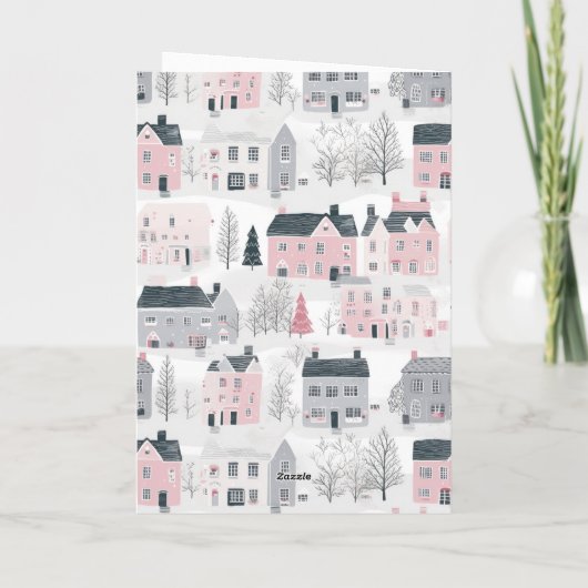  Roze Grijs Witte Huizen Kerst Kaart (Achterkant)
