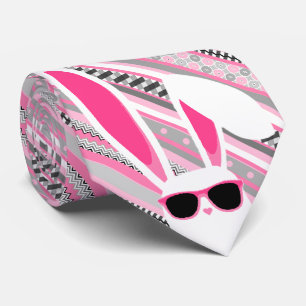 Roze, grijs & witte strepen met witte paashaas stropdas