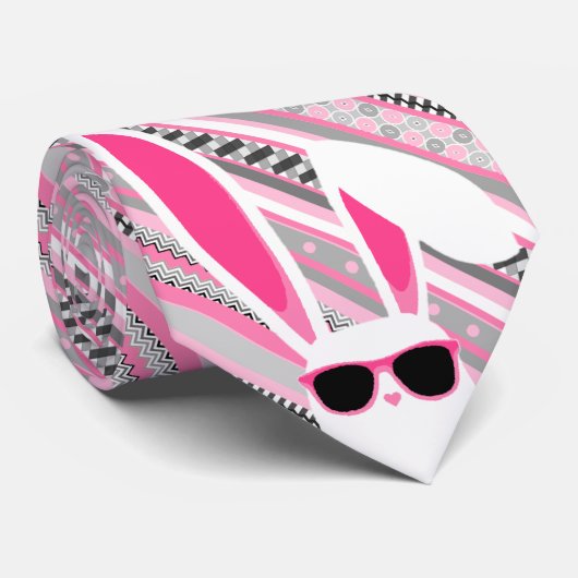 Roze, grijs & witte strepen met witte paashaas stropdas (Opgerold)