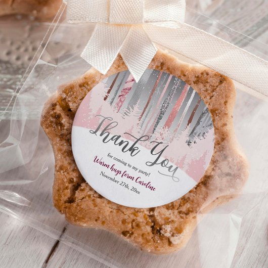 Roze Grijs Zilver Sneeuwbos Winter Verjaardag Ronde Sticker