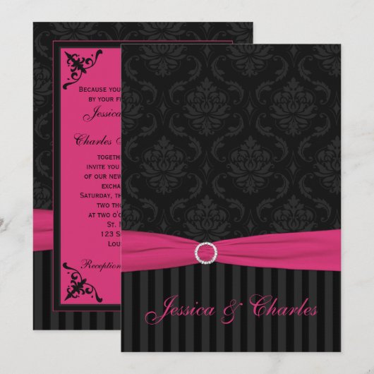 Roze Grijs Zwart Damast Strepen Scrolls Bruiloft Kaart (Voorkant / Achterkant)