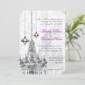 Roze Grijs Zwart Kroonluchter Damask Bruiloft Kaart (Staand voorkant)