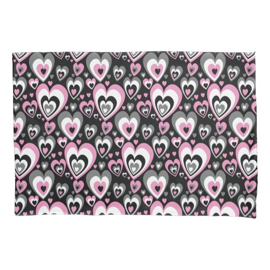 Roze Grijs Zwarte Hartjes Patroon. Kussensloop (Voorkant)