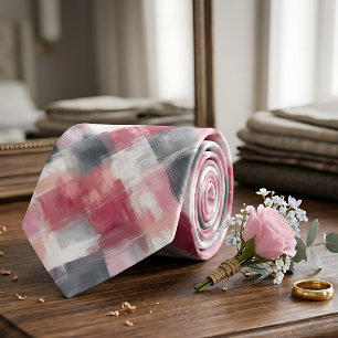 Roze & grijze abstract geruite heren stropdas