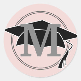 Roze grijze afstudeerhoed monogram initiaal ronde sticker
