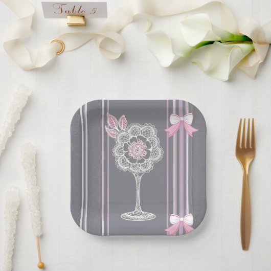 Roze & Grijze AI kunst Papieren Bordje (Huwelijk)