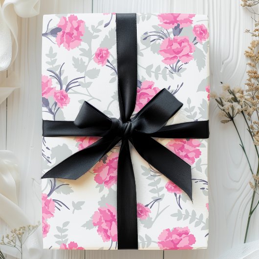 Roze & Grijze Anjer Bloemen Cadeaupapier