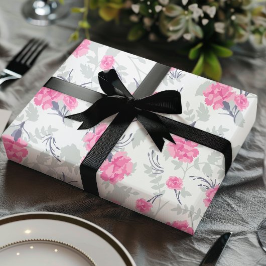 Roze & Grijze Anjer Bloemen Cadeaupapier