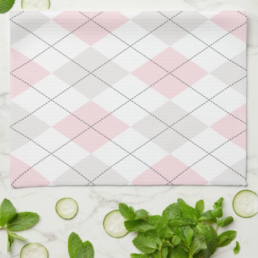 Roze & Grijze Argyle Patroon Monogram Keuken Handd Theedoek (Gevouwen)