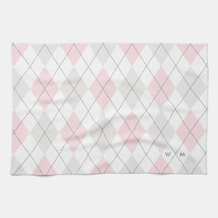 Roze & Grijze Argyle Patroon Monogram Keuken Handd Theedoek