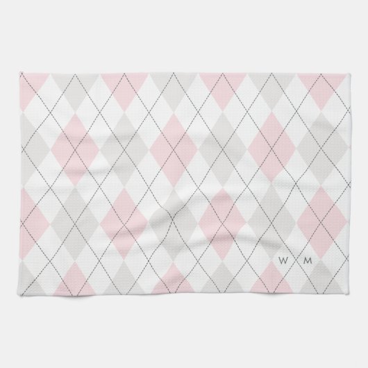 Roze & Grijze Argyle Patroon Monogram Keuken Handd Theedoek (Horizontaal)