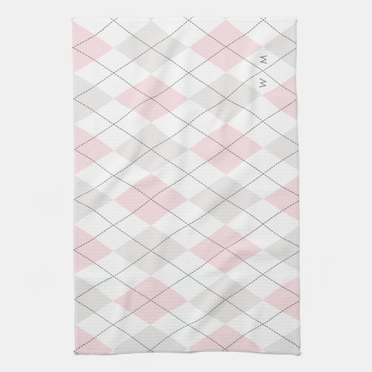 Roze & Grijze Argyle Patroon Monogram Keuken Handd Theedoek (Verticaal)