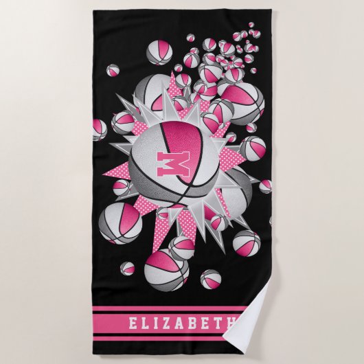 Roze grijze basketballen sterren haar naam monogra strandlaken (Voorkant)