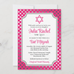 Roze, grijze Bat Mitzvah-uitnodiging met polka-sti Kaart