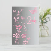 Roze, grijze bloemen en bustvliegen 21e uitnodigin kaart (Staand voorkant)