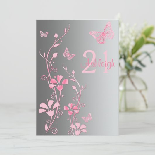 Roze, grijze bloemen en bustvliegen 21e uitnodigin kaart (Staand voorkant)