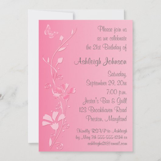 Roze, grijze bloemen en bustvliegen 21e uitnodigin kaart (Achterkant)