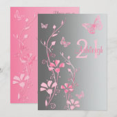 Roze, grijze bloemen en bustvliegen 21e uitnodigin kaart (Voorkant / Achterkant)