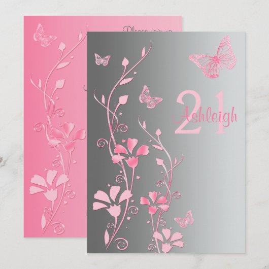 Roze, grijze bloemen en bustvliegen 21e uitnodigin kaart (Voorkant / Achterkant)