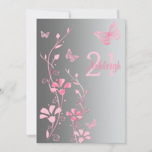 Roze, grijze bloemen en bustvliegen 21e uitnodigin kaart