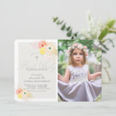 Roze Grijze Bloemen Meisje Foto Eerste Heilige Com Kaart (Staand voorkant)
