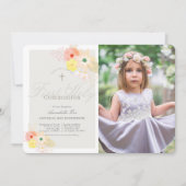 Roze Grijze Bloemen Meisje Foto Eerste Heilige Com Kaart (Voorkant)