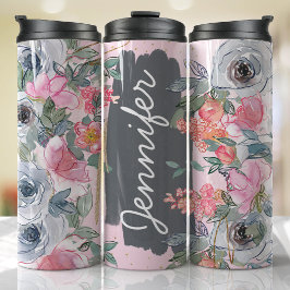 Roze Grijze Bloemen Naam toevoegen Aangepaste Gift Thermosbeker