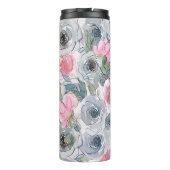 Roze Grijze Bloemen Naam toevoegen Aangepaste Gift Thermosbeker (Achterkant)