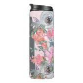 Roze Grijze Bloemen Naam toevoegen Aangepaste Gift Thermosbeker (Geroteerd rechts)