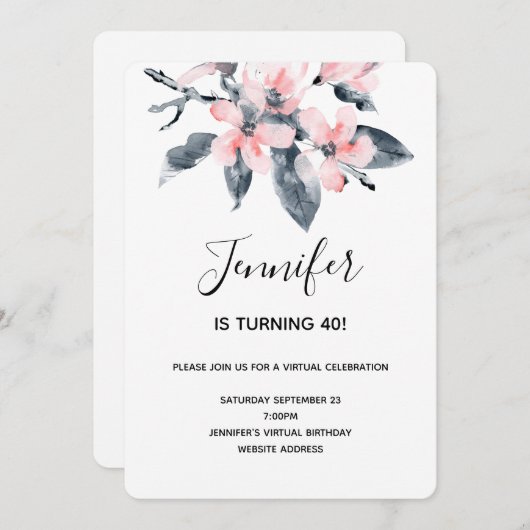 Roze & Grijze Bloemen Waterverf Kaart (Voorkant / Achterkant)