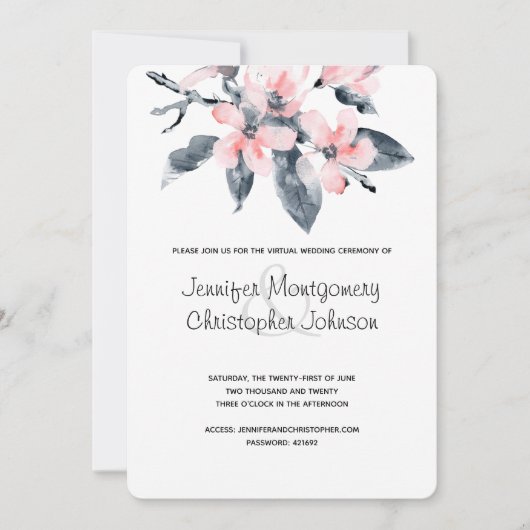 Roze & Grijze Bloemen Waterverf Virtual Wedding Kaart (Voorkant)