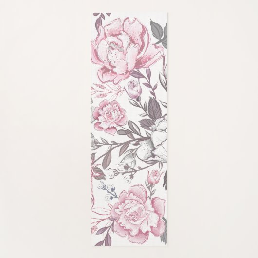 Roze & Grijze Bloemen Yoga Mat (Voorkant)
