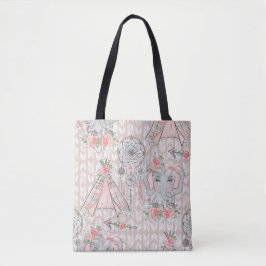 ROZE & GRIJZE BOHO BABY OLIFANT & DREAMCATCHER TOTE BAG